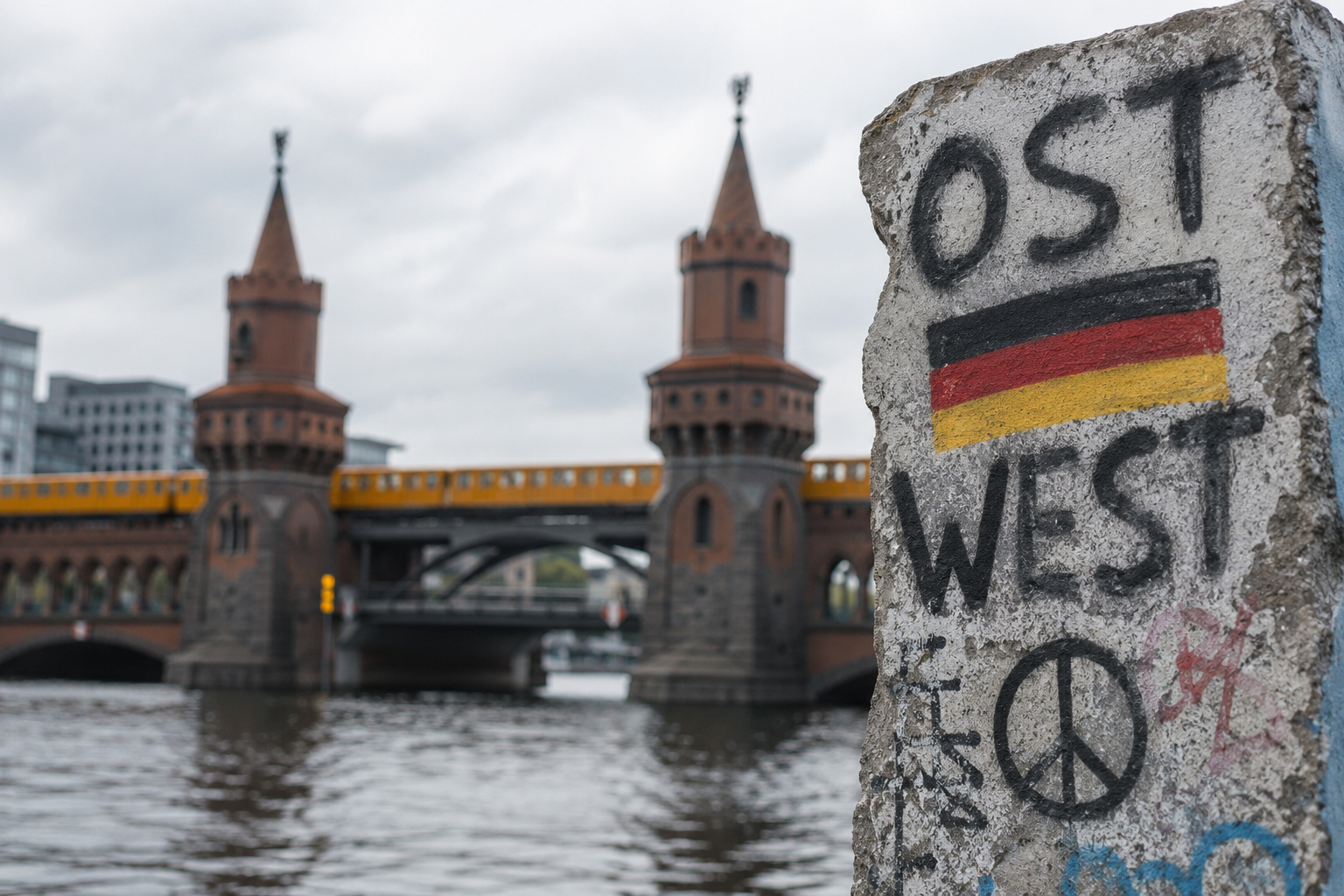 Graffiti und historische Brücke am Fluss