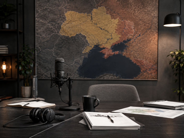 Podcastové studio s mapou Ukrajiny