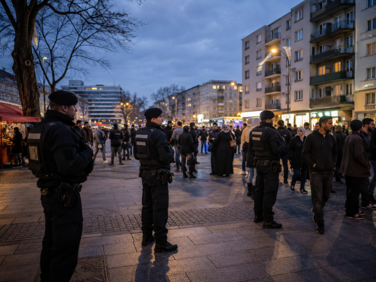 Policisté dohlížejí na dav za soumraku