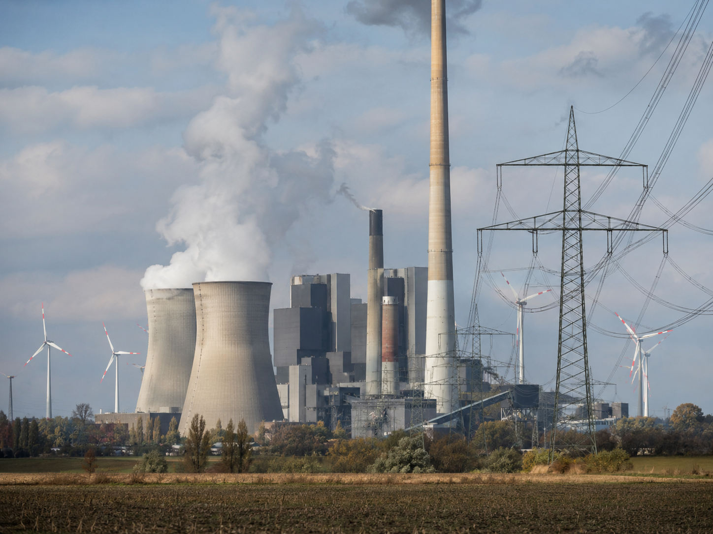 Průmyslová elektrárna pod větrnými turbínami